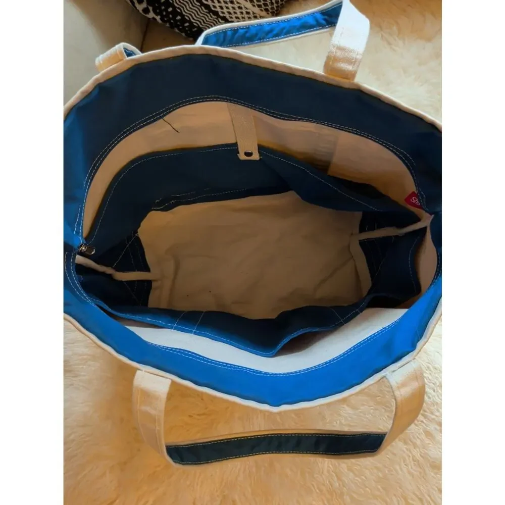 ShoreBags Large Zip Top Canvas Boat Tote Bag Blue White Nautical Beach Travel